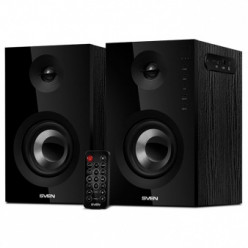 SVEN SPS-721 Black,  2.0 / 2x25W RMS, Bluetooth v. 2.1 +EDR, USB flash, SD card, remote control, Headphone input, glossy black front panels, wooden.